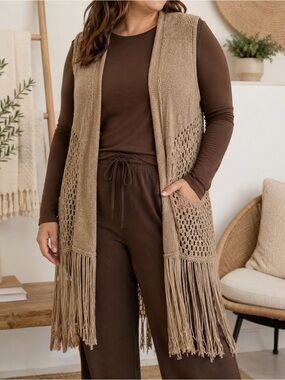ALYX Taupe Fringe Open Knit Boho Duster Cardigan Vest 2X